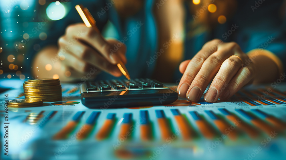 A woman is writing on a piece of paper with a pen and a calculator A woman is writing on a piece of paper with a pen and a calculator