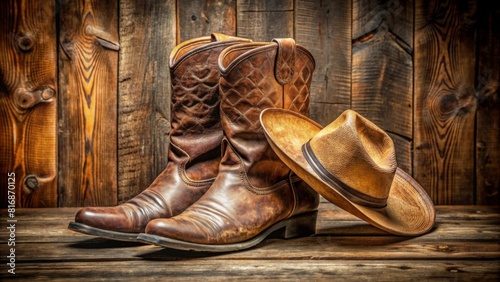 Retro cowboy hat and pair of old leather boots