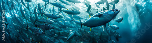 A dynamic underwater scene of a school of tuna fish moving swiftly through the sunlit blue ocean waters.