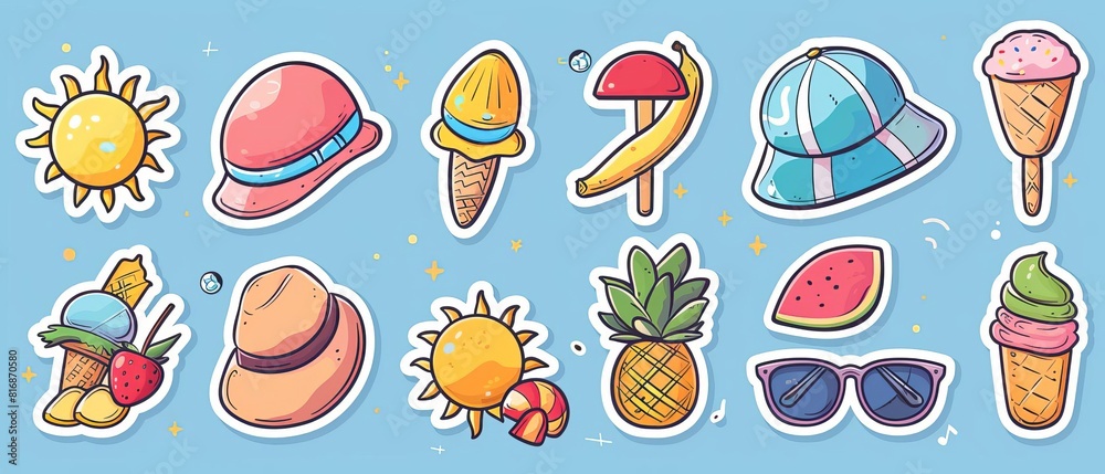 Illustrate a series of stickers featuring various elements of a sunny day, such as sun hats, sunglasses, and ice cream, in a cartoonish style
