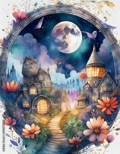 fantasy landscape with dreamy houses and moon