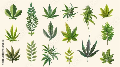Illustrate a series of stamps for a health awareness campaign featuring iconic medicinal plants  including cannabis