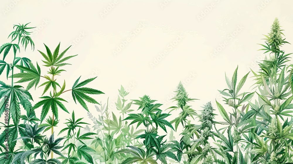Illustrate a serene garden filled with medicinal plants, including cannabis, in a detailed botanical illustration style Illustrate a serene garden filled with medicinal plants, including cannabis, in a detailed botanical illustration style