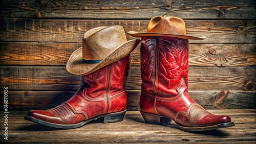 Retro cowboy hat and red pair of old leather boots