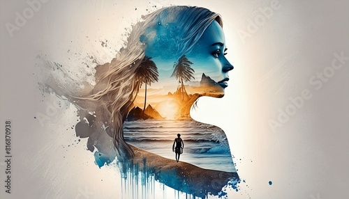 Sweet dreams. Romantic man walking along the sea beach in a woman's silhouette