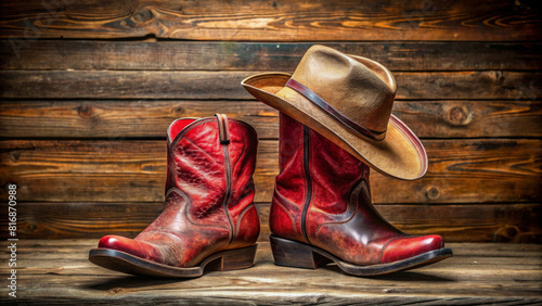 Retro cowboy hat and red pair of old leather boots