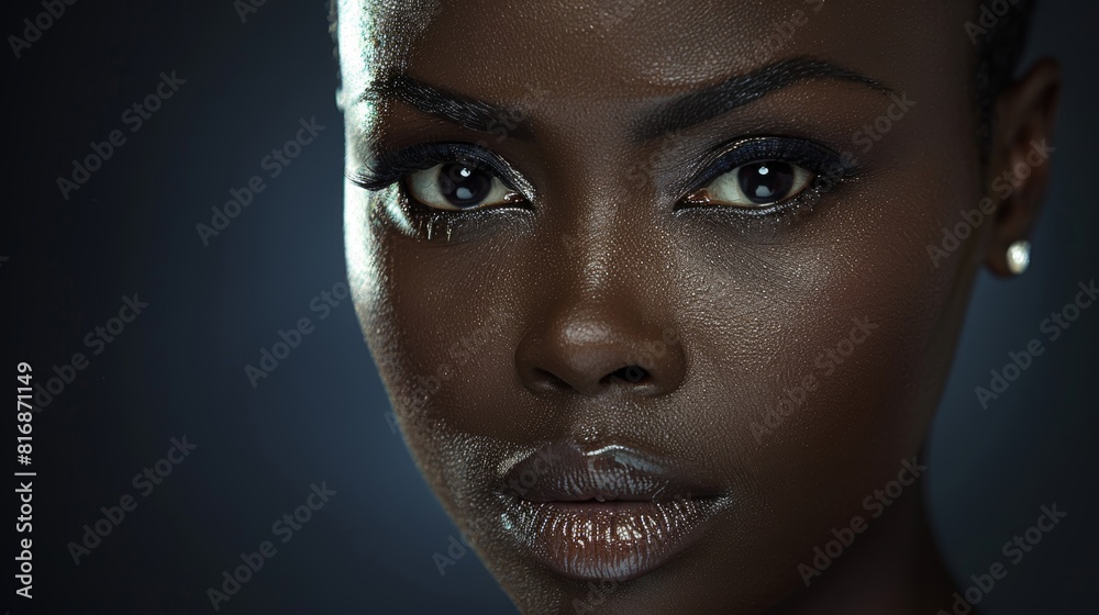 A close-up portrait of an individual with striking features and intense eyes, highlighting smooth skin texture and detailed facial characteristics in a dimly lit environment A close-up portrait of an individual with striking features and intense eyes, highlighting smooth skin texture and detailed facial characteristics in a dimly lit environment