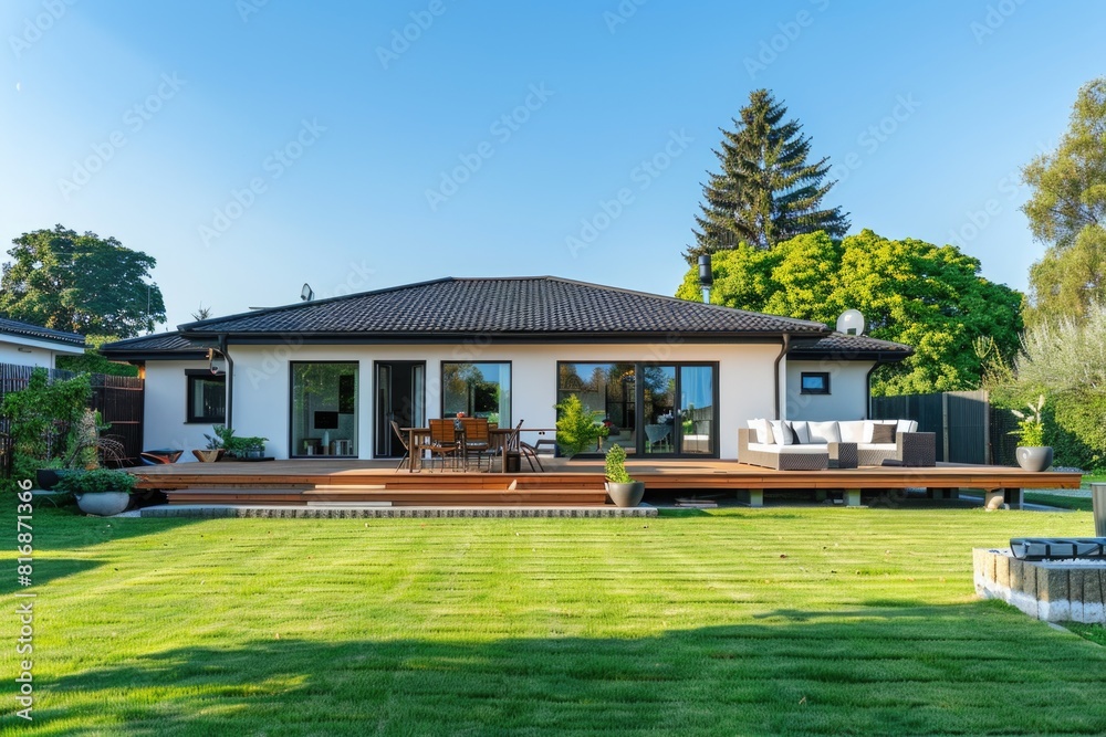 A house with a deck in the yard. Suitable for real estate concepts A house with a deck in the yard. Suitable for real estate concepts