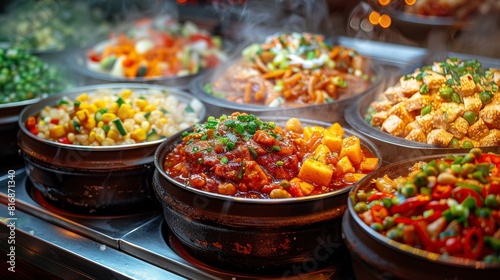 A tempting and colorful array of various hot and steaming dishes presented in bowls, showcasing a diverse and delicious food spread perfect for any occasion photo
