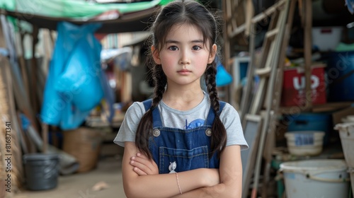 A young girl with braided hair stands with arms crossed in a cluttered outdoor setting, surrounded by various objects and tools in the background
