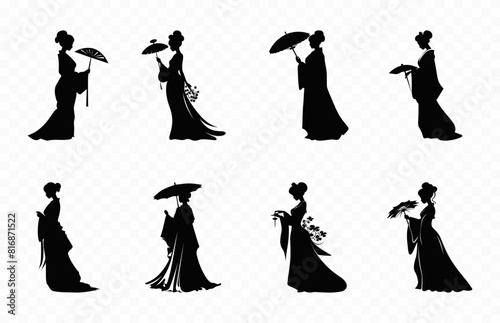 Geisha Silhouette Vector art Set, Japanese Geisha black Silhouette Clipart bundle