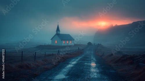 A picturesque solitary church stands illuminated at dusk against a dramatic landscape with a glowing sunset  captured on a misty evening