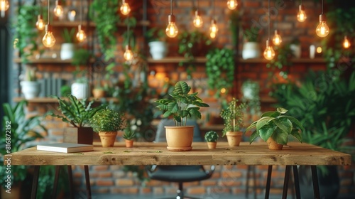 A cozy and inviting indoor setting featuring a wooden table adorned with various potted plants  enhanced by warm hanging lightbulbs and a brick wall background