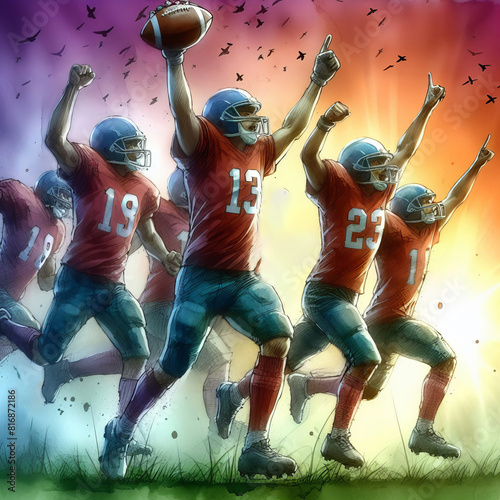 American football team running and celebrating victory on colorful illustration background, gradient watercolor photo