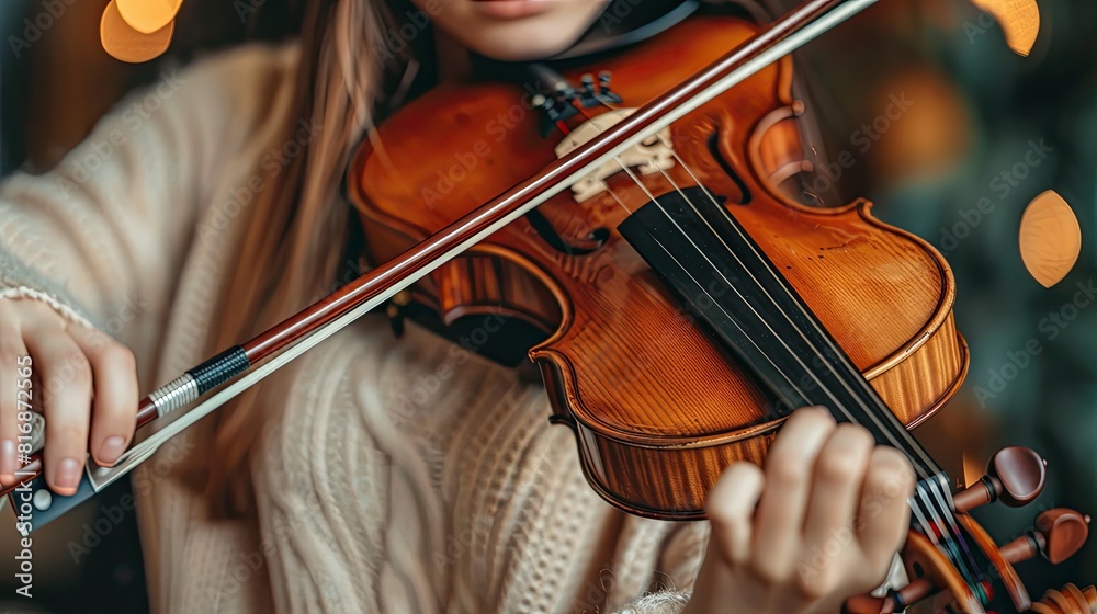 A woman is playing a violin. Concept of elegance and grace as the woman skillfully plays the instrument. The lighting and background suggest a cozy and intimate atmosphere A woman is playing a violin. Concept of elegance and grace as the woman skillfully plays the instrument. The lighting and background suggest a cozy and intimate atmosphere