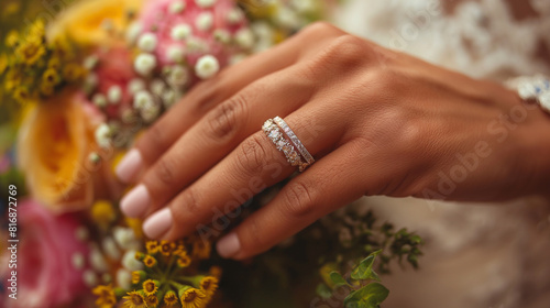 A close-up photograph capturing the sparkle of the bride s wedding ring as she reaches out to hold her partner s hand  a symbol of their eternal love and commitment  as they embark