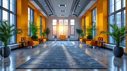 A modern, brightly lit office lounge area with vibrant orange furniture, large floor-to-ceiling windows, potted plants, and a plush blue carpet extending across the room, capturing the serene sunset photo