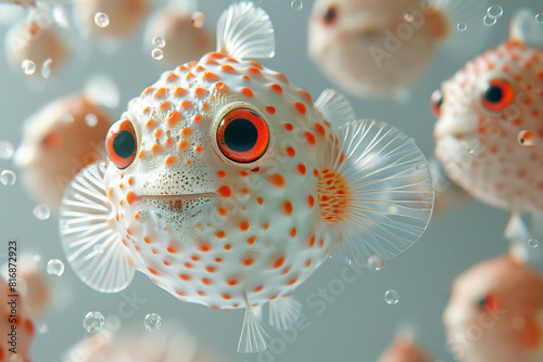 3D-rendered cute, chubby pufferfish with distinctive markings, captured