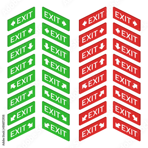 isometric exit red green wall arrow sign set vector flat illustration