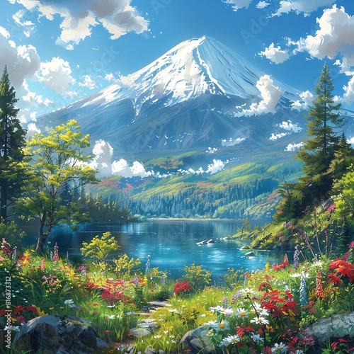 AI depiction of Mount Fuji s grandeur  peaceful lake  colorful flowers  and lush greenery  vibrant scene.