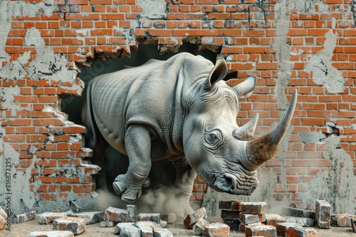 A powerful rhino standing confidently in front of a brick wall. Suitable for various design projects