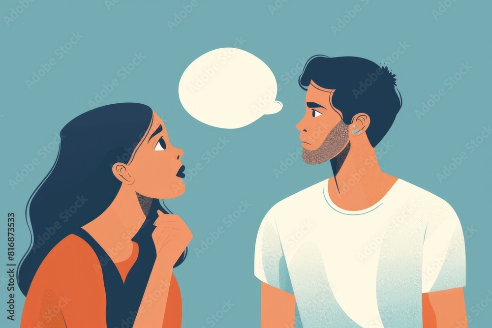 Fototapeta premium A man and a woman looking at each other with a thought bubble above them. Suitable for communication and relationship concepts