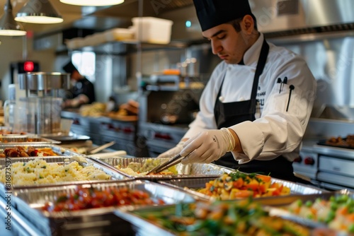 Close up of a buffet worker wearing protective gloves distributing and pouring food
 photo