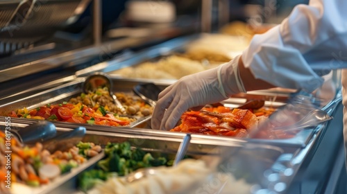 Close up of a buffet worker wearing protective gloves distributing and pouring food 