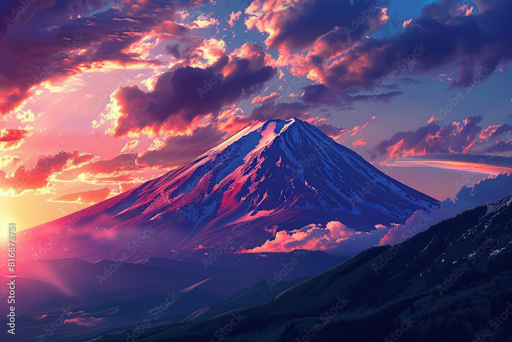 horizontal illustration of a colourful intense sunrise over a tall mountain