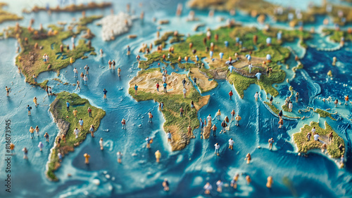 aerial view of an abstract crowd of people, walking on the world map, graphic illustration photo