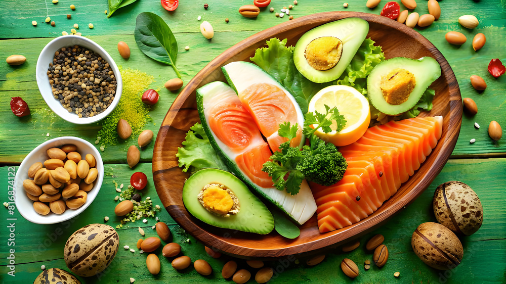 Keto diet concept - salmon, avocado, eggs, nuts and seeds, bright green background, top view Keto diet concept - salmon, avocado, eggs, nuts and seeds, bright green background, top view