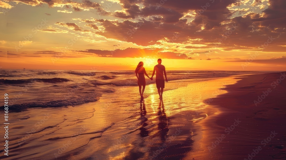 Couple holding hands walking on the beach at sunset under a bright sky
Couple holding hands walking on the beach at sunset under a bright sky