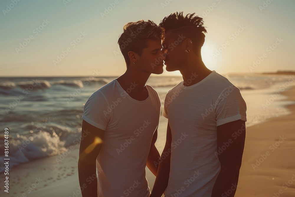 Romantic Couple Kissing on Beach at Sunset