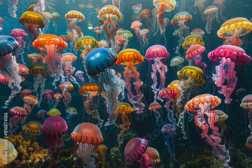 Vibrant jellyfish floating serenely just beneath the ocean s surface  with a sunny sky and lush coastline in the background.