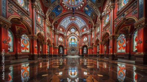 Magnificent interior of a grand cathedral with intricate stained glass windows  red and gold ornamental arches  and a stunning reflective floor