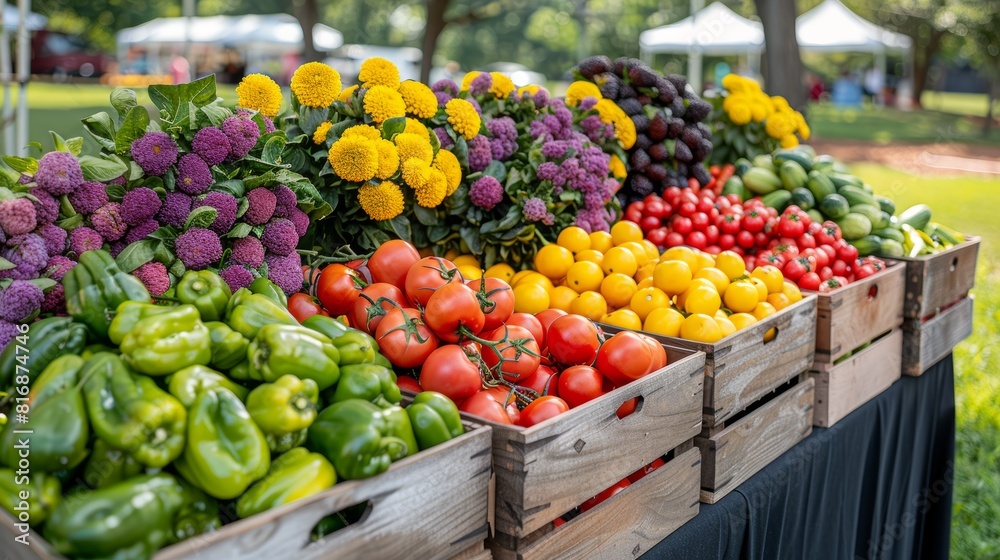 A vibrant display of fresh vegetables and colorful flowers at a local outdoor farmer's market under a sunny sky with lush greenery in the background