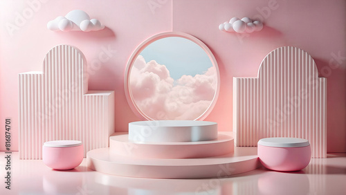 Background podium pink 3d product sky platform display cloud pastel scene render stand. podium stage minimal abstract background beauty dreamy space studio pedestal smoke showcase geometric white