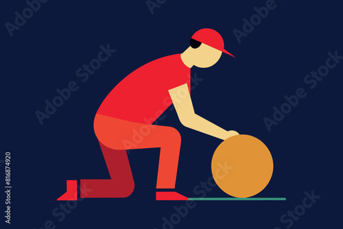 a man in summer clothes is rolling a stone boulder in front of him. the concept of heaviness of family life and other psychological problems.