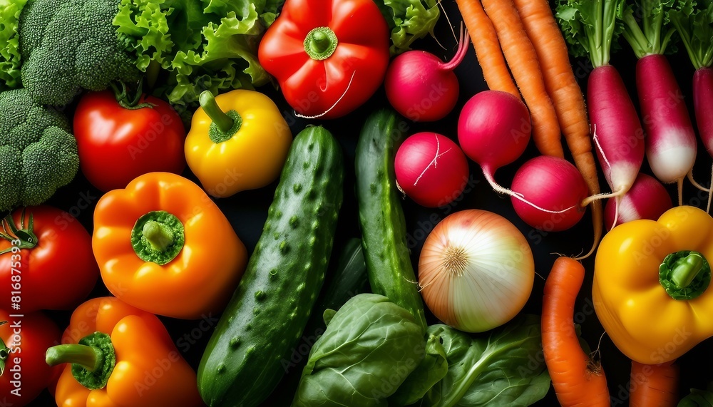 An array of vibrant fruits and veggies - broccoli, carrots, peppers, tomatoes, lettuce, onions, cucumbers, squash, and radishes - arranged to display their vivid colors and varied textures. An array of vibrant fruits and veggies - broccoli, carrots, peppers, tomatoes, lettuce, onions, cucumbers, squash, and radishes - arranged to display their vivid colors and varied textures.