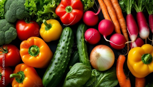 An array of vibrant fruits and veggies - broccoli, carrots, peppers, tomatoes, lettuce, onions, cucumbers, squash, and radishes - arranged to display their vivid colors and varied textures.