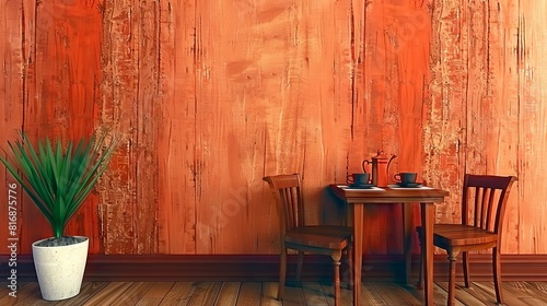 a backdrop with a realistic painted simple restaurant scene, two tables with two chairs each against a orange wall --ar 16:9 --style raw --weird 900 photo