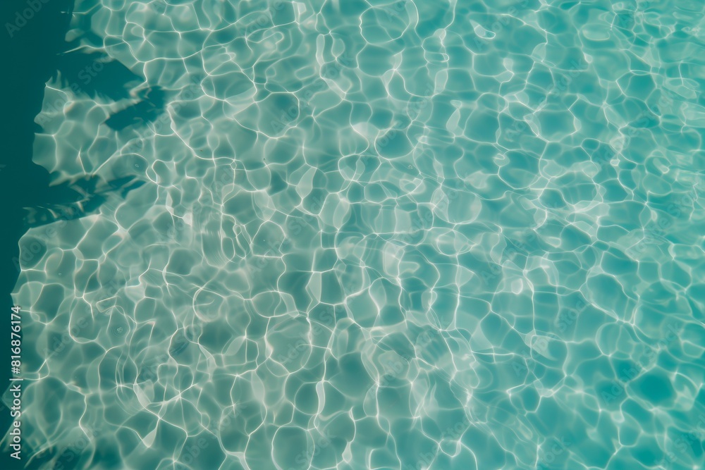 Obraz premium Up view photo of still transparent turquoise surface of the water of the swimming pool with plants shadows