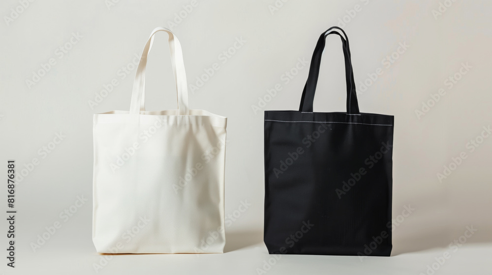 Two tote bags, one white and one black, standing upright on a gray background. Two tote bags, one white and one black, standing upright on a gray background.