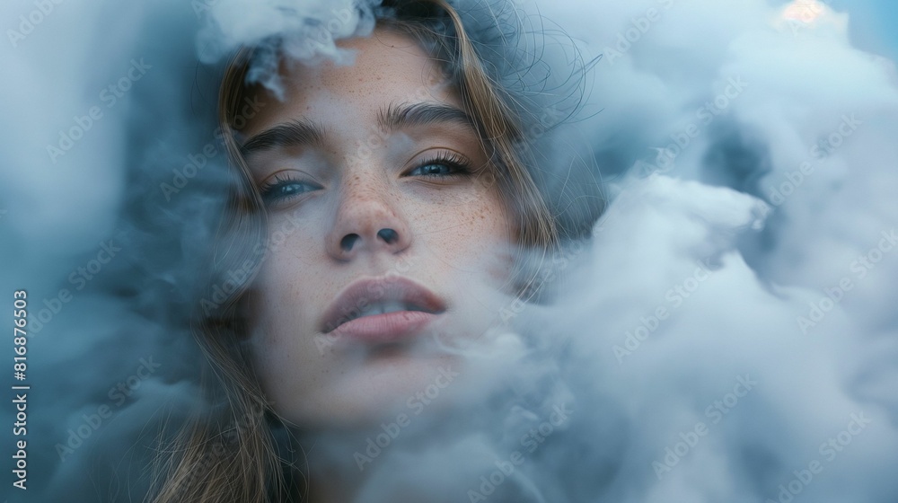 Close-up portrait of woman surrounded by green mist. Close-up portrait of woman surrounded by green mist.