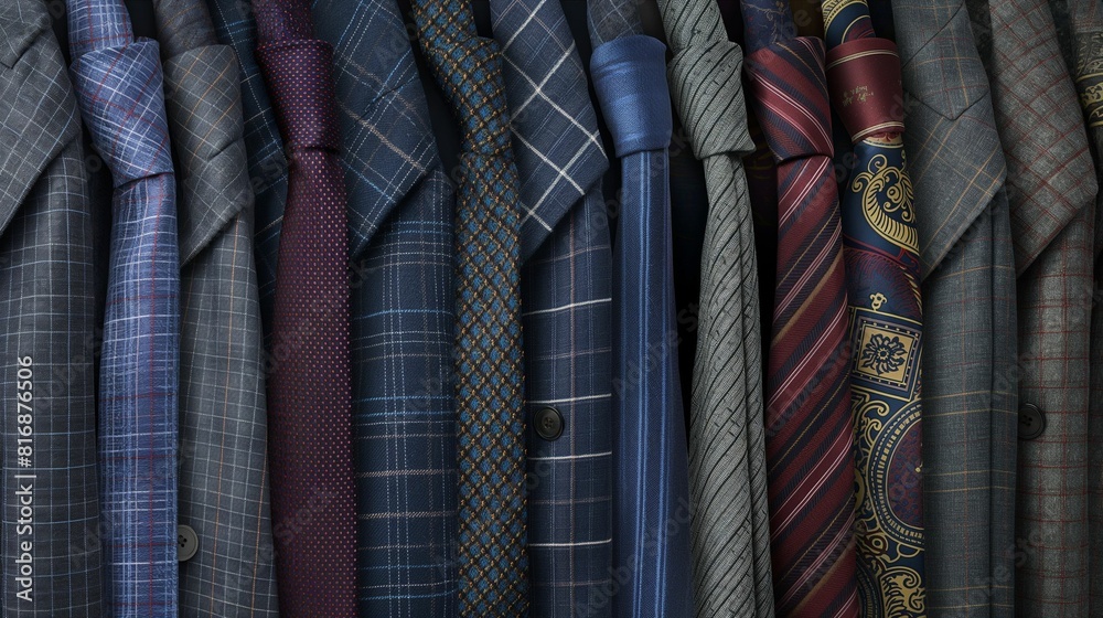 Row of colorful patterned suits on hangers.