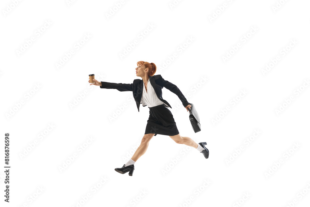 Being late at work. Woman, office worker in formal wear, with brief case running with coffee cup isolated on white background. Time management. Concept of business, office lifestyle