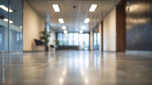 Blurred modern office interior with glass walls and minimal design