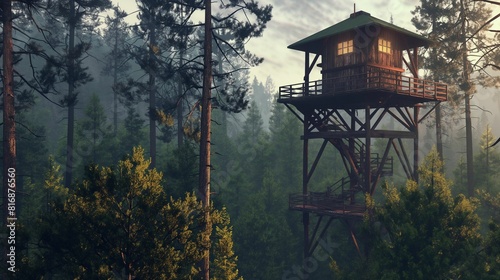 Forest lookout tower on mountain with pine trees.
