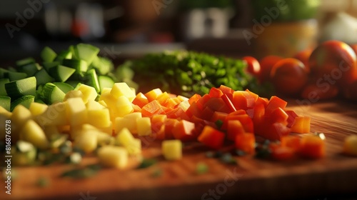 Chopped vegetables on wooden cutting board.