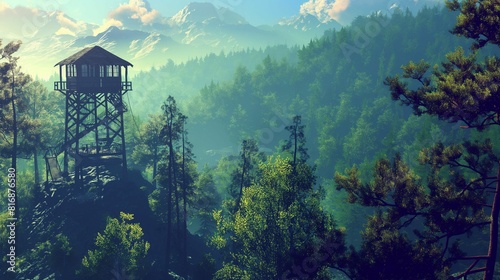 Forest lookout tower on mountain with pine trees.